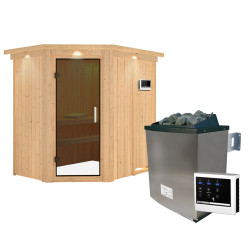 Sauna traditionnel d'angle CARIN 4 à 5 places 68mm - poêle 9000W ctrl externe - couronne - porte moderne KARIBU