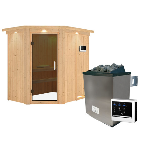 Sauna traditionnel d'angle CARIN - poêle 9000W ctrl externe et couronne - KARIBU