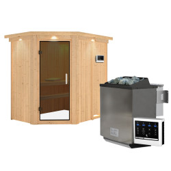Sauna traditionnel d'angle CARIN 4 à 5 places 68mm - poêle Easy Bio 9000W - couronne - porte moderne KARIBU