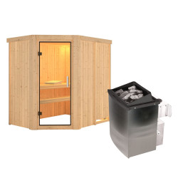 Sauna traditionnel d'angle CARIN 4 à 5 places 68mm - poêle 9000W ctrl intégré - sans couronne - porte en verre clair KARIBU