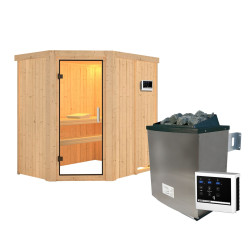 Sauna traditionnel d'angle CARIN 4 à 5 places 68mm - poêle 9000W ctrl externe sans couronne - porte en verre clair KARIBU