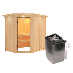 Sauna traditionnel d'angle CARIN 4 à 5 places 68mm - poêle 9000W ctrl intégré - couronne - porte en verre clair KARIBU
