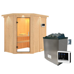 Sauna traditionnel d'angle CARIN 4 à 5 places 68mm - poêle 9000W ctrl externe - couronne - porte en verre clair KARIBU