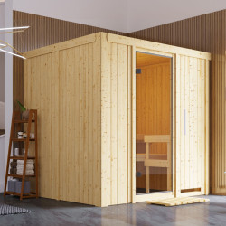 Sauna traditionnel SODIN 3 à 4 places 68mm - poêle 9000W ctrl intégré - sans couronne - porte en verre clair KARIBU