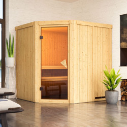 Sauna traditionnel d'angle SIIRIN 4 à 5 places 68mm - poêle 9000W ctrl externe - sans couronne - porte classique KARIBU