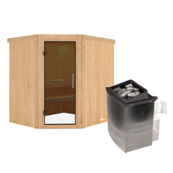 Sauna traditionnel d'angle SIIRIN 4 à 5 places 68mm - poêle 9000W ctrl intégré - sans couronne - porte en verre clair KARIBU
