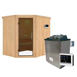 Sauna traditionnel d'angle SIIRIN 4 à 5 places 68mm - poêle 9000W ctrl externe - sans couronne - porte en verre clair KARIBU