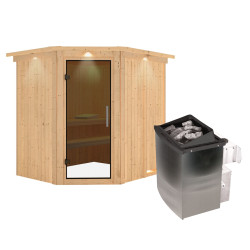 Sauna traditionnel d'angle SIIRIN 4 à 5 places 68mm - poêle 9000W ctrl intégré - couronne et porte moderne KARIBU