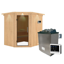 Sauna traditionnel d'angle SIIRIN 4 à 5 places 68mm - poêle 9000W ctrl externe - couronne et porte moderne KARIBU
