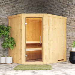 Sauna traditionnel d'angle SIIRIN 4 à 5 places 68mm - poêle 9000W ctrl intégré - sans couronne - porte en verre clair KARIBU