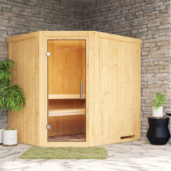 Sauna traditionnel d'angle SIIRIN 4 à 5 places 68mm - poêle 9000W ctrl externe - sans couronne - porte en verre clair KARIBU
