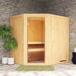 Sauna traditionnel d'angle SIIRIN 4 à 5 places 68mm - poêle Easy Bio 9000W - sans couronne - porte en verre clair KARIBU