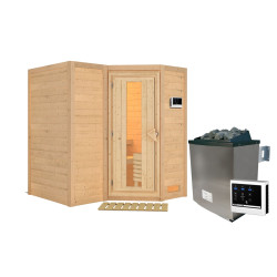 Sauna traditionnel 38mm 4 à 5 places Sahib 1 - poêle 9KW ctrl externe - sans couronne - avec porte à économie d'énergie KARIBU