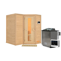 Sauna traditionnel 38mm 4 à 5 places Sahib 1 - poêle Easy Bio 9000W - sans couronne - avec porte à économie d'énergie KARIBU