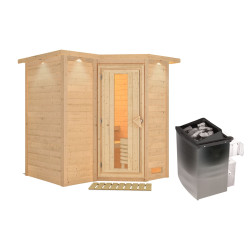Sauna traditionnel 38mm 4 à 5 places Sahib 1 - poêle 9KW ctrl intégré - couronne et porte à économie d'énergie KARIBU