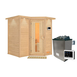 Sauna traditionnel 38mm 4 à 5 places Sahib 1 - poêle 9KW ctrl externe - couronne et porte à économie d'énergie KARIBU