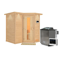 Sauna traditionnel 38mm 4 à 5 places Sahib 1 - poêle Easy Bio 9000W - couronne et porte à économie d'énergie KARIBU