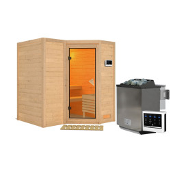 Sauna traditionnel 38mm 4 à 5 places Sahib 1 - poêle Easy Bio 9000W - sans couronne - porte classique KARIBU