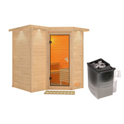 Sauna traditionnel 38mm 4 à 5 places Sahib 1 avec couronne - poêle 9KW ctrl intégré - porte classique KARIBU