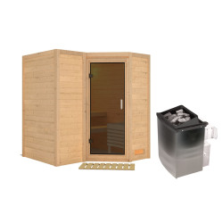 Sauna traditionnel 38mm 4 à 5 places Sahib 1 sans couronne - poêle 9KW ctrl intégré - avec porte moderne KARIBU
