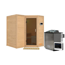 Sauna traditionnel 38mm 4 à 5 places Sahib 1 sans couronne - poêle Easy Bio 9000W - avec porte moderne KARIBU