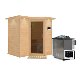 Sauna traditionnel 38mm 4 à 5 places Sahib 1 - poêle Easy Bio 9000W - couronne et porte moderne KARIBU