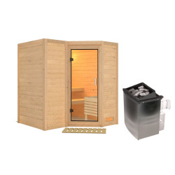 Sauna traditionnel 38mm 4 à 5 places Sahib 1 sans couronne - poêle 9KW ctrl intégré - porte en verre clair KARIBU