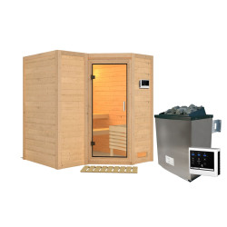 Sauna traditionnel 38mm 4 à 5 places Sahib 1 sans couronne - poêle 9KW ctrl externe - porte en verre clair KARIBU