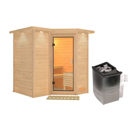 Sauna traditionnel 38mm 4 à 5 places Sahib 1 - poêle 9KW ctrl intégré - couronne et porte en verre clair KARIBU
