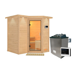 Sauna traditionnel 38mm 4 à 5 places Sahib 1 - poêle 9KW ctrl externe - couronne et porte en verre clair KARIBU