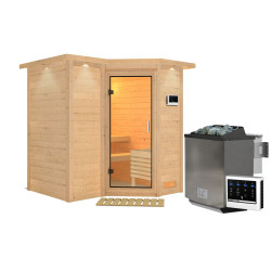 Sauna traditionnel 38mm 4 à 5 places Sahib 1 - poêle Easy Bio 9000W - couronne et porte en verre clair KARIBU