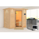 Sauna traditionnel 38mm 4 à 5 places Sahib 1 - poêle Easy Bio 9000W - couronne et porte en verre clair KARIBU