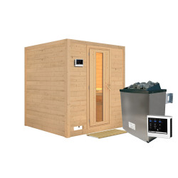 Sauna traditionnel MOJAVE 5 à 6 places 38mm - poêle 9KW ctrl externe - sans couronne - avec porte à économie d'énergie KARIBU