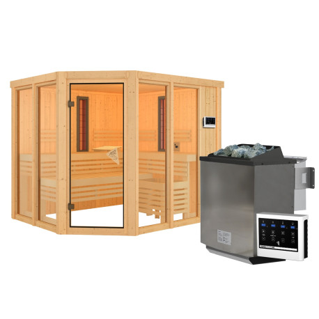 Sauna d'angle multifonctionnel AVA avec poêle Bio 9kW 4 à 5 places 68mm KARIBU