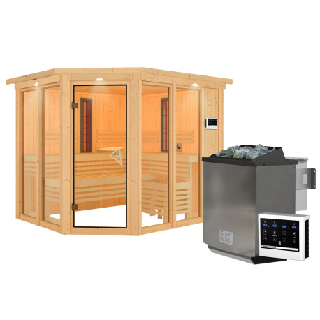 Sauna d'angle multifonctionnel AVA avec poêle Bio 9kW 4 à 5 places 68mm KARIBU