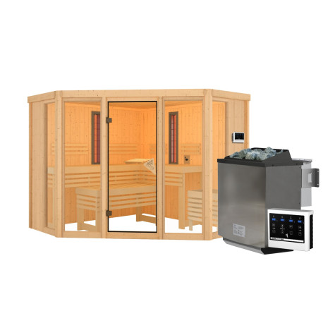 Sauna d'angle multifonctionnel ASTA avec poêle Bio 9kW 4 à 5 places 68mm KARIBU