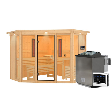 Sauna d'angle multifonctionnel ASTA avec poêle Bio 9kW 4 à 5 places 68mm KARIBU