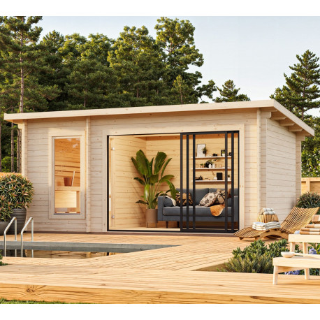 Sauna Sanna avec grand vestibule en double vitrage - 2 à 4 places - bois massif 44mm - poêle inclus - Palmako