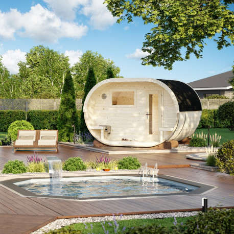 Sauna tonneau Anette avec vestibule - 5 à 6 places - bois massif 42mm - poêle inclus - Palmako