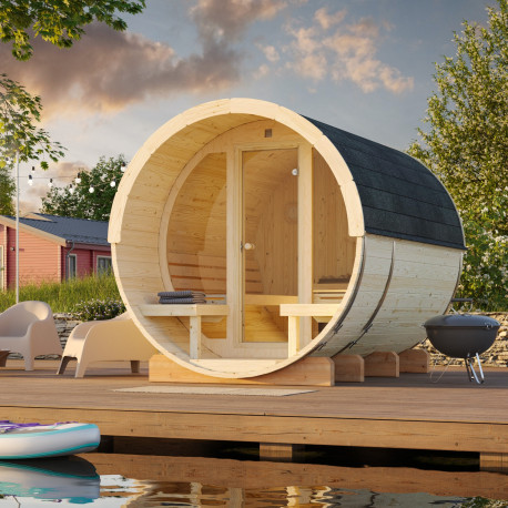 Sauna tonneau Anita - 4 à 6 places - bois massif 42mm - façade vitrée - poêle inclus - Palmako