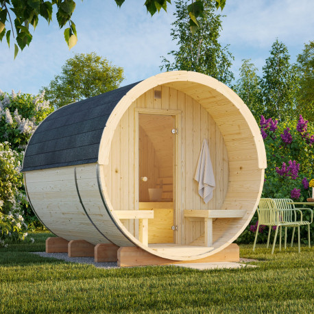 Sauna tonneau Anita - 4 à 6 places - bois massif 42mm - poêle inclus - Palmako