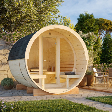 Sauna tonneau Anita - 2 à 4 places - bois massif 42mm - façade vitrée - poêle inclus - Palmako 