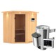 Sauna traditionnel d’angle Tonja - 3 à 4 places 68mm avec couronne, porte moderne et poêle 3,6 kW - KARIBU