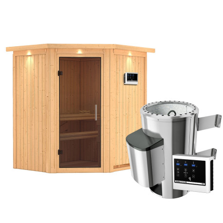 Sauna traditionnel d’angle Tonja - 3 à 4 places 68mm avec couronne, porte moderne et poêle 3,6 kW - KARIBU
