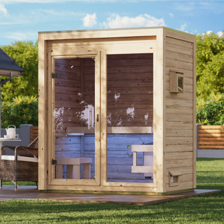Sauna d’extérieur Hycore 1 en bois brut 38mm - 3 places - poêle 9kW avec cde externe - KARIBU