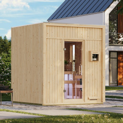 Sauna d'extérieur 5 places - parois 73mm - bois brut - poêle 9kW avec cde externe - Avenal - KARIBU