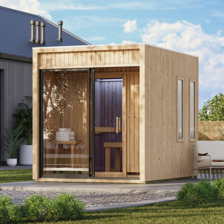 Sauna d'extérieur 5 places - parois 73mm - bois brut - sans poêle - Delano - KARIBU