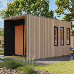 Sauna d'extérieur avec vestibule 5 places - parois 73mm - bois Douglas - poêle 9kW avec cde externe - Miramar - KARIBU