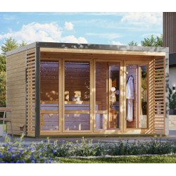 Sauna d'extérieur 3 à 5 places - parois 38mm - acier gris - vestibule - poêle 9kW avec cde externe - Ares 4 - KARIBU