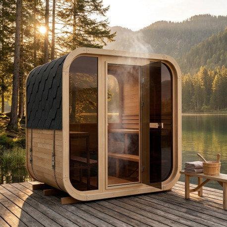 Sauna d'extérieur cube panoramique en bois 2 à 4 places + poêle 6KW + shingles inclus - SNÖ